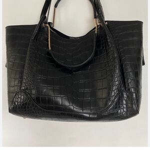 Black Croc-Embossed Tote Handbag